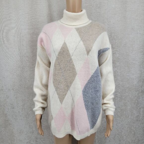 Diversity Vintage Women's Argyle Turtleneck Sweater Lambswool Angora - Picture 1 of 12